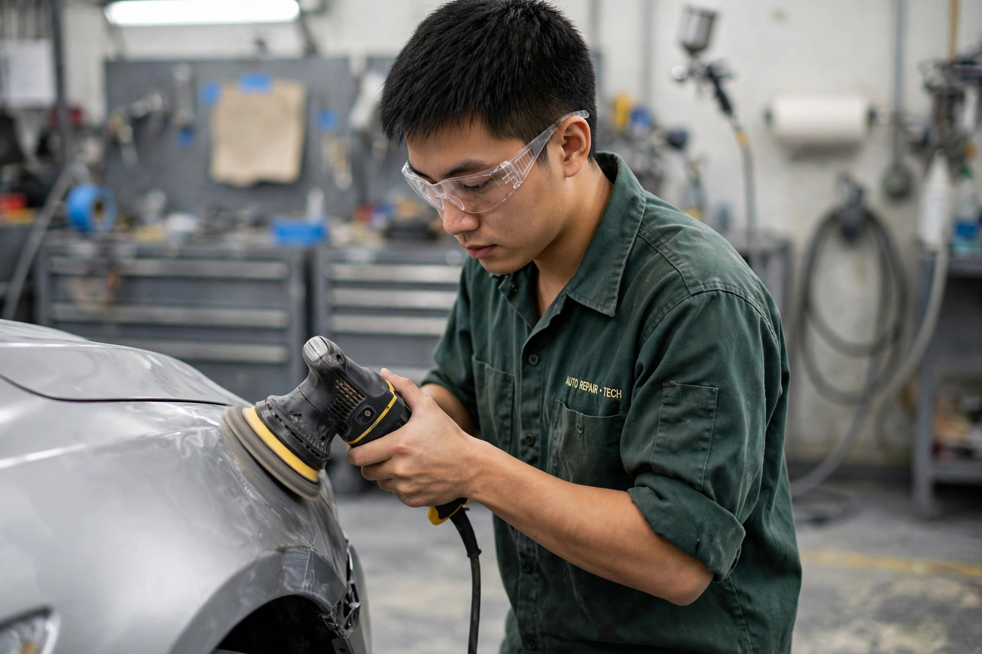 Auto body technician sanding a car fender