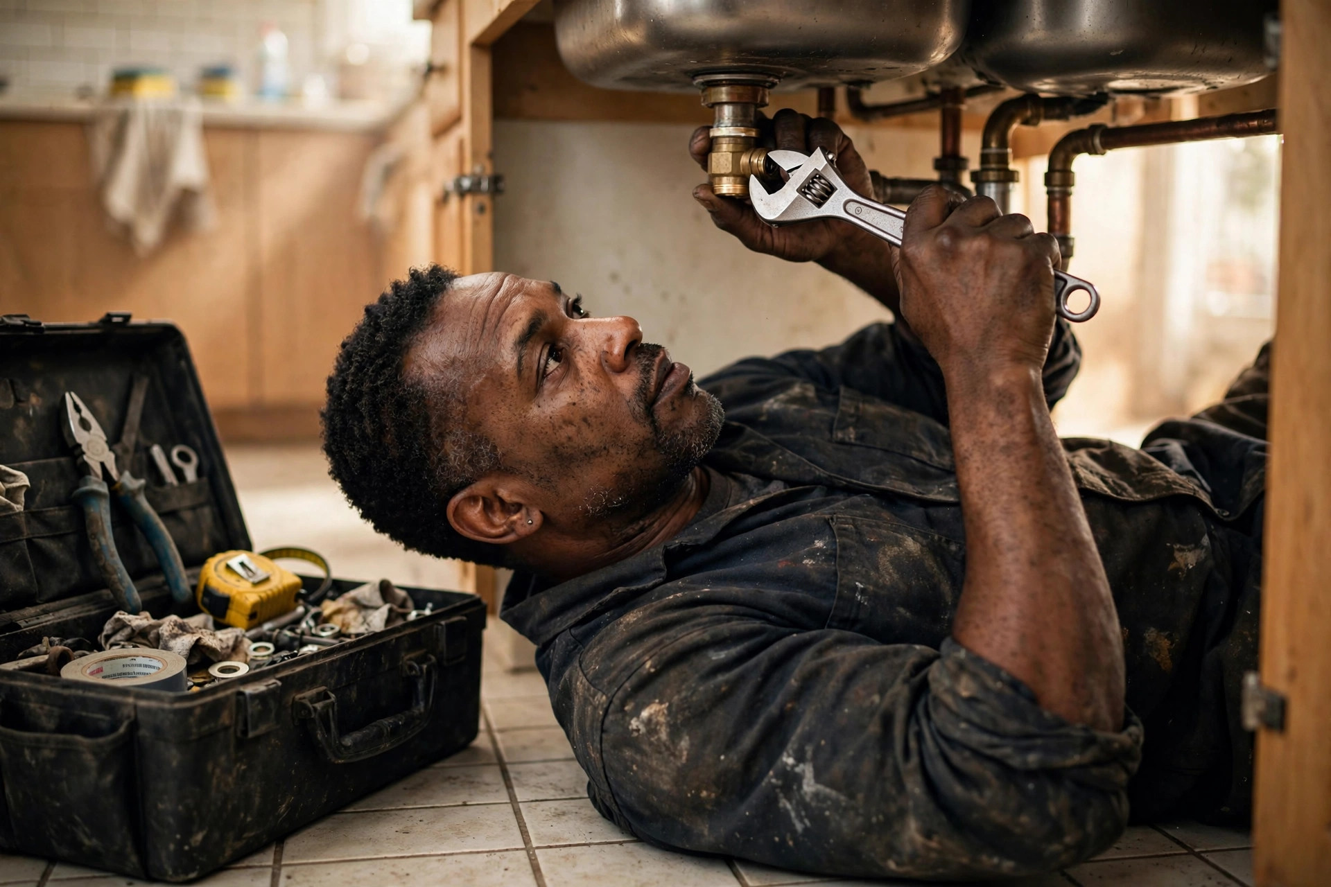 Plumber tightening a fitting under a kitchen sink