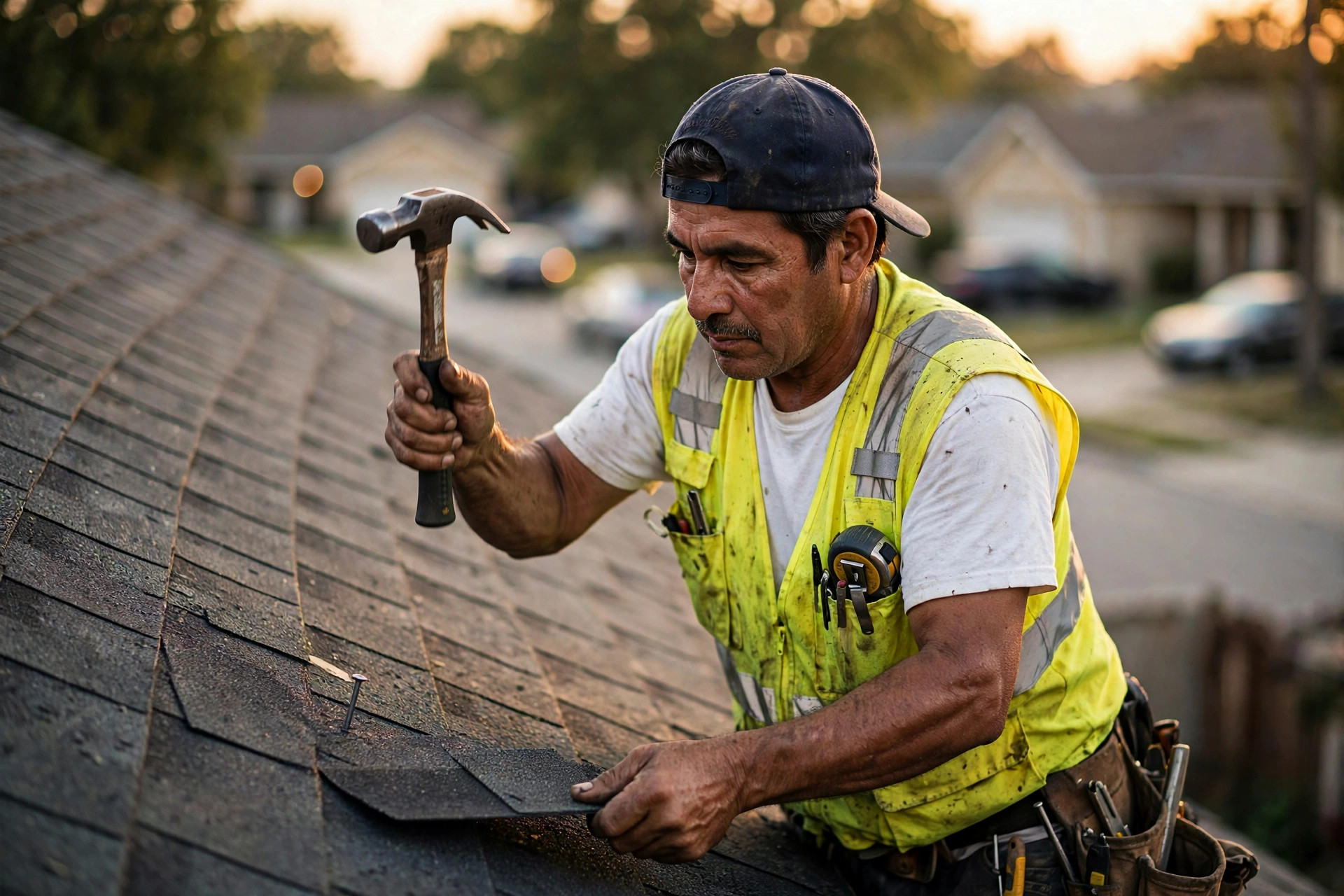 Roofer nailing shingles on a residential roof